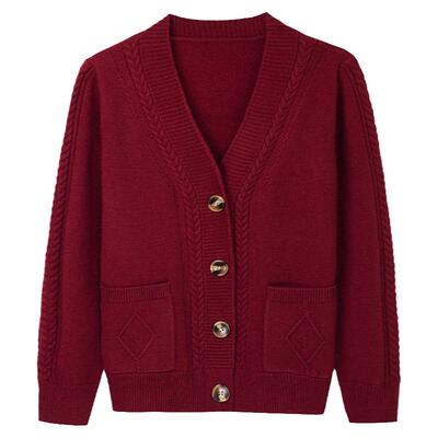 恒源祥品牌酒红色针织开衫女毛衣