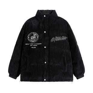 ALLIN 黑色立领羽绒服男冬季潮牌灯芯绒刺绣鸭绒内胆加厚保暖外套