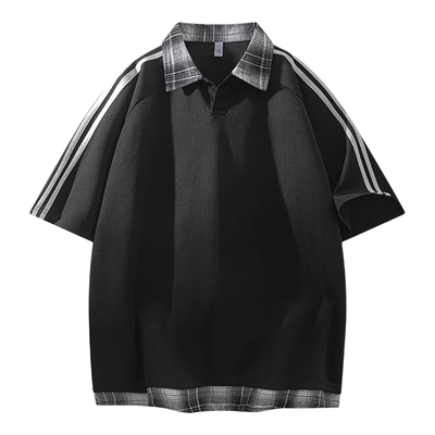 GLM学院风翻领短袖T恤男夏季假两件格纹拼接亲肤透气潮流POLO衫