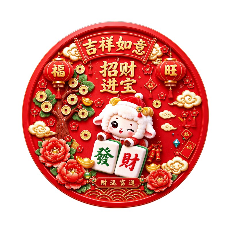 招财进宝圆款墙贴小羊发财麻将牡丹花吉祥如意春节防水装饰贴纸画