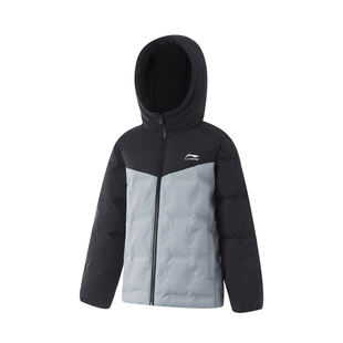 李宁官方正品运动生活系列男女大童防寒保暖撞色连帽鸭绒短羽绒服