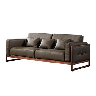 水墨兰亭北美黑胡桃木实木沙发意式极简真皮沙发现代轻奢客厅家具