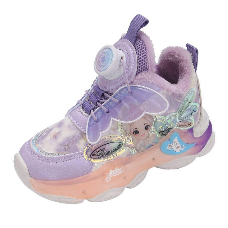 女童单网旋纽扣亮灯闪光鞋