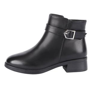 奥康真皮妈妈鞋短靴女冬加绒保暖软底靴子中老年棉鞋中年皮鞋冬季