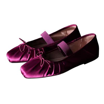 真丝缎面玛丽珍芭蕾单鞋真皮底