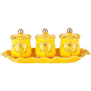 浮雕莲花供杯室内供佛杯大悲水杯陶瓷圣水杯净水杯佛法僧三连杯