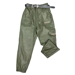 秋冬季新款砂洗皮九分裤女宽松百搭免洗工装裤高腰显瘦外穿休闲裤