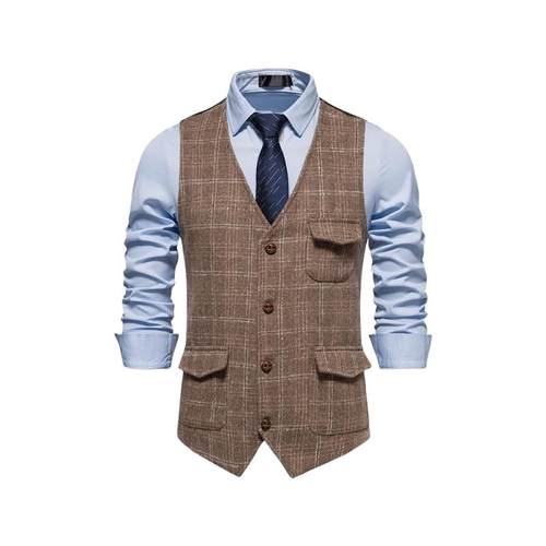 英伦复古休闲绅士咔叽风马甲男春季毛呢拼接外套大码猎装格子马夹