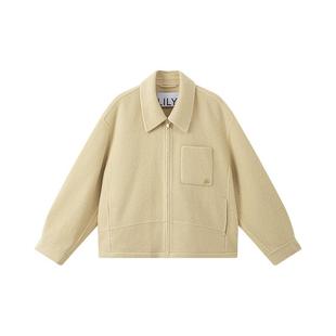 LILY2025冬新款女装羊毛混纺翻领拉链纯色气质通勤毛呢外套短款