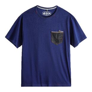 马登工装美式复古植物蓝染T恤日系重磅纯棉二本针口袋短袖男款夏