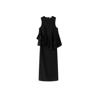 VERSELET短诗 花苞廓形格纹荷叶边精纺羊毛连衣裙黑色高级感