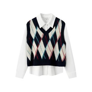 森马长袖衬衫女冬季菱形格V领短背心易打理衬衣俏皮学院风两件套