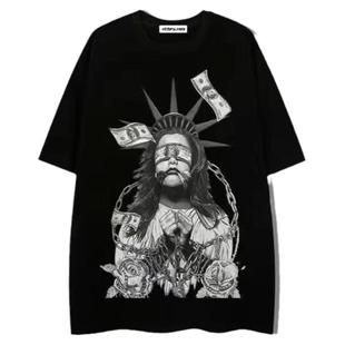 港风暗黑自由女神印花纯棉短袖体恤女2024美式复古嘻哈设计感小众
