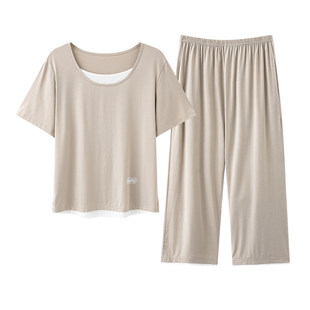 凉感莫代尔睡衣带胸垫家居服女夏季短袖七分裤假两件套装可外穿