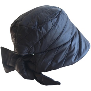 日系羽绒渔夫帽子女秋冬保暖绗棉大蝴蝶结盆帽赫本风时装帽遮阳帽