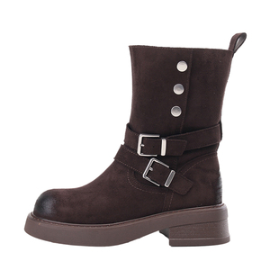 嘉俪多女鞋欧美短靴羊猄粗中跟秋冬皮里一脚蹬圆头2025新款时尚