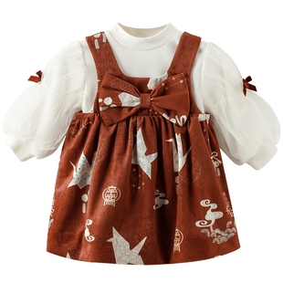 女童背带裙套装秋冬季半高领分体两件套灯芯绒新年连衣裙宝宝裙子