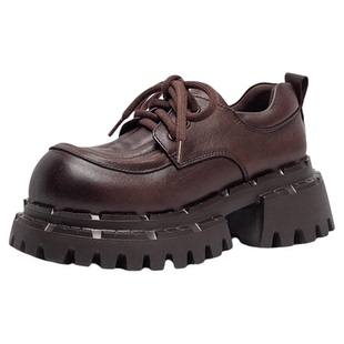 英伦风复古真皮厚底小皮鞋女系带增高圆头单鞋粗高跟乐福鞋休闲鞋