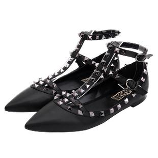 2023新款平跟鞋铆钉尖头平底平底单鞋小码33浅口真皮绑带平跟鞋