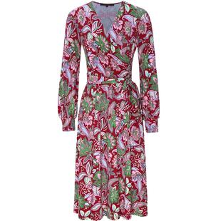 马天奴春夏款红棕色印花V领针织连衣裙子收腰长袖长裙复古气质