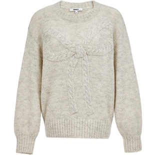 ONLY2026春季新款绵羊毛马海毛蝴蝶结落肩圆领宽松红色毛衣针织衫