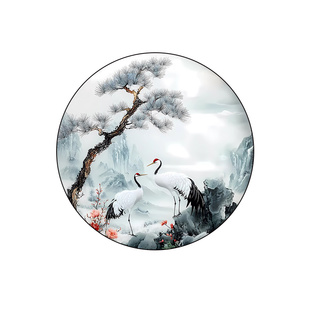 松鹤延年入户玄关装饰画新中式圆形LED发光灯画书房茶室背景壁画