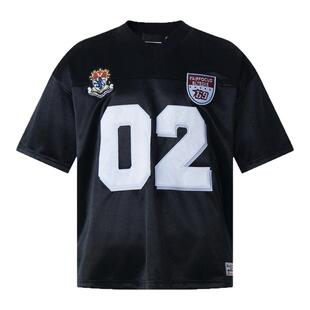 F383 美式复古数字徽章V领运动风T恤夏季hiphop宽松休闲街头球服