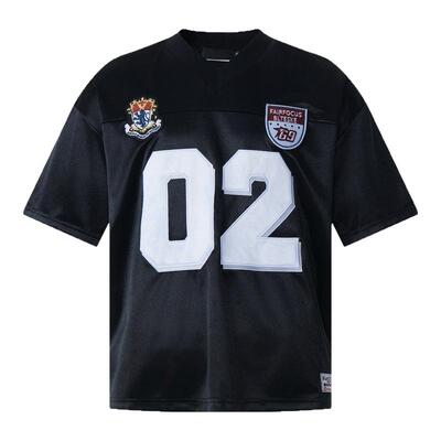 F383 美式复古数字徽章V领运动风T恤夏季hiphop宽松休闲街头球服