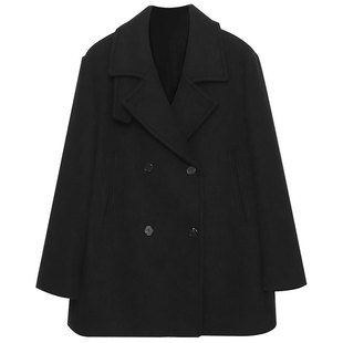 正肩大衣女冬季夹棉加厚中长款宽松双排扣极简风小个子毛呢外套女