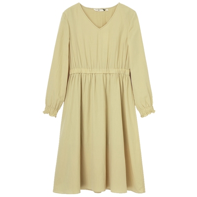 布景棉麻连衣裙女春季新品简约气质v领花边长袖中长裙子0920