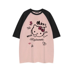 大码胖mm精致Kitty猫印花字母插肩短袖上衣女2026夏季大码遮肉T恤