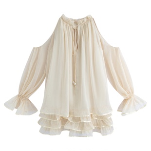 【田曦薇关晓彤同款】MARC MOORE 夏季露肩荷叶边雪纺连衣裙女