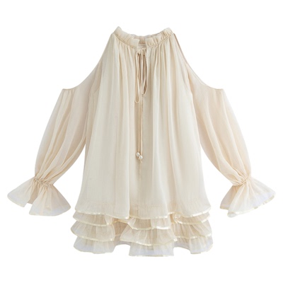 【田曦薇关晓彤同款】MARC MOORE 夏季露肩荷叶边雪纺连衣裙女