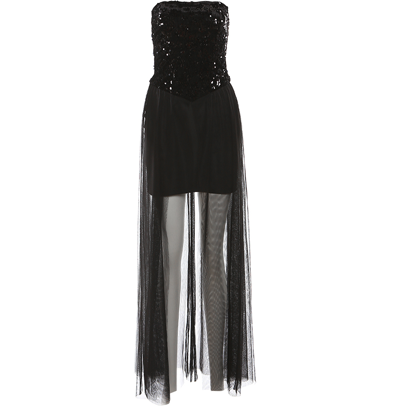 WEIRD PUSS 辣妹风时髦设计感网纱拼接抹胸连衣裙百搭黑色长裙女