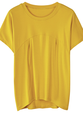 韩版女装宽松休闲中老年妈妈短袖t恤夏新款纯棉大码黄色圆领上衣