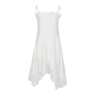 古力娜扎同款 Kroche 不规则设计 蕾丝花边拼接白色吊带连衣裙