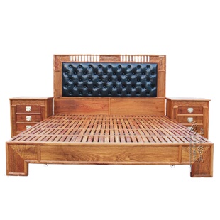 京瓷刺猬紫檀真皮双人雕刻实木床新中式红木苏梨家具祥云床头柜