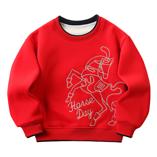 男童加绒卫衣2026马年新年款儿童本命年红色拜年服过年上衣亲子装