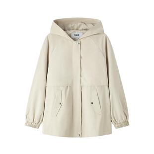 防护外套|森马外套女中长款插肩袖三防秋季防风连帽衣服宽松简约