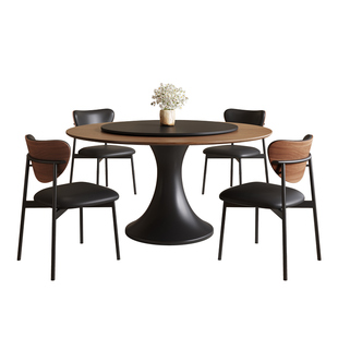 中古风实木圆桌家用小户型圆形桌子酒店胡桃色法式复古餐桌椅组合