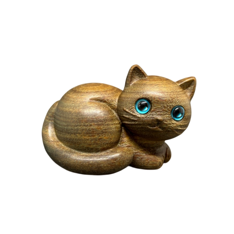 天然绿檀木雕乖巧猫咪文玩摆件