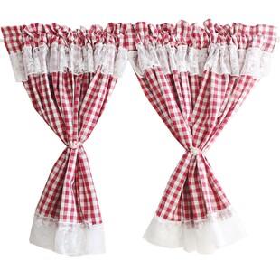 美式地中海蕾丝小窗帘防尘帘柜门帘小清新红格子半帘门帘穿杆帘