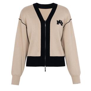 XG雪歌复古咖色长袖毛针织衫2025春季新款无领撞色拉链开衫毛衣女