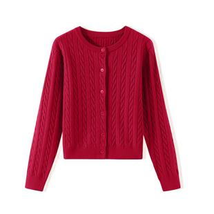 班尼路针织衫外套女2026新款冬季马年修身麻花红色毛衣开衫上衣M