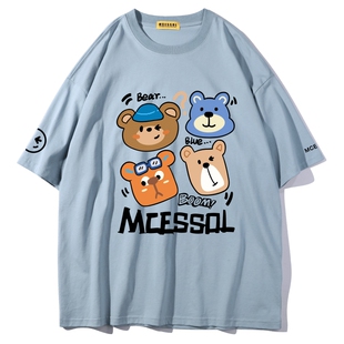 Mcessol设计师原创品牌呆萌小熊印花短袖t恤男女中性风学生上衣服