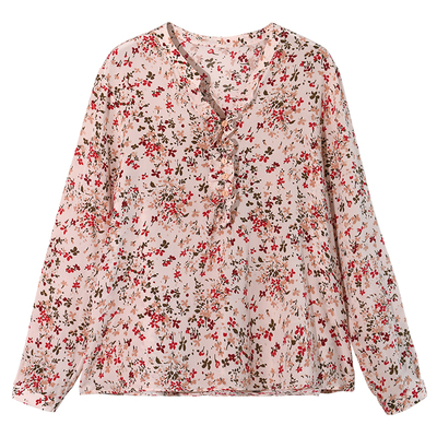 GESGOO法式v领长袖碎花真丝衬衣