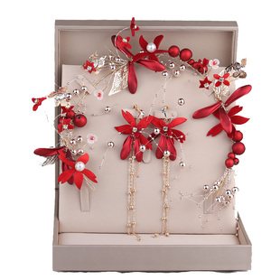 新娘结婚头饰三件套韩式森系超仙红色发箍带婚礼用品敬酒服发饰品