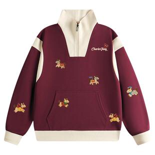 查尔斯桃心红色半拉链立领卫衣男春秋季新款小马印花潮牌情侣上衣