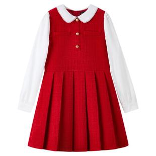 【14%绵羊毛】eland kids衣恋童装女童连衣裙25冬红色小香风裙子