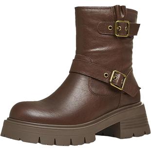 天美意复古西部靴机车骑士靴女鞋厚底短靴皮靴冬新款BK021DZ4